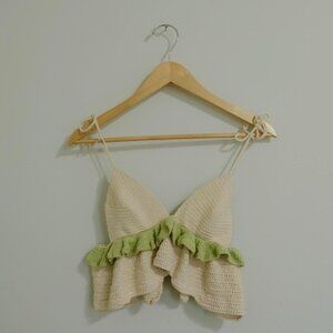 Handmade Crochet babydoll cream green ruffle top size XS